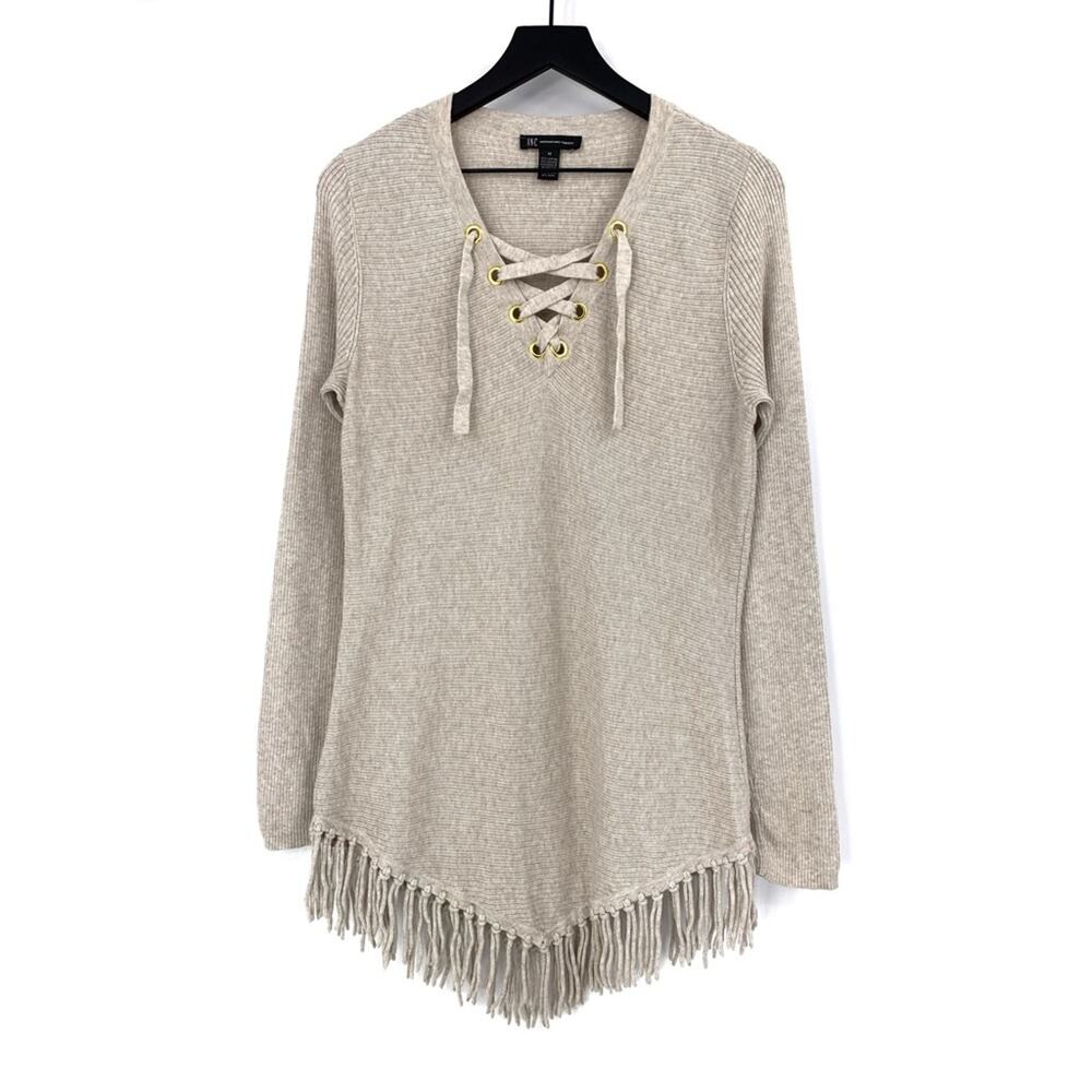 INC International Concepts Fringe V Neck Sweater Beige M